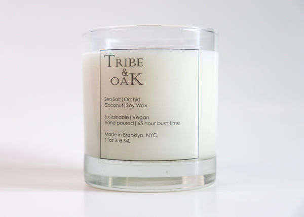 Glass container with white coconut soy wax